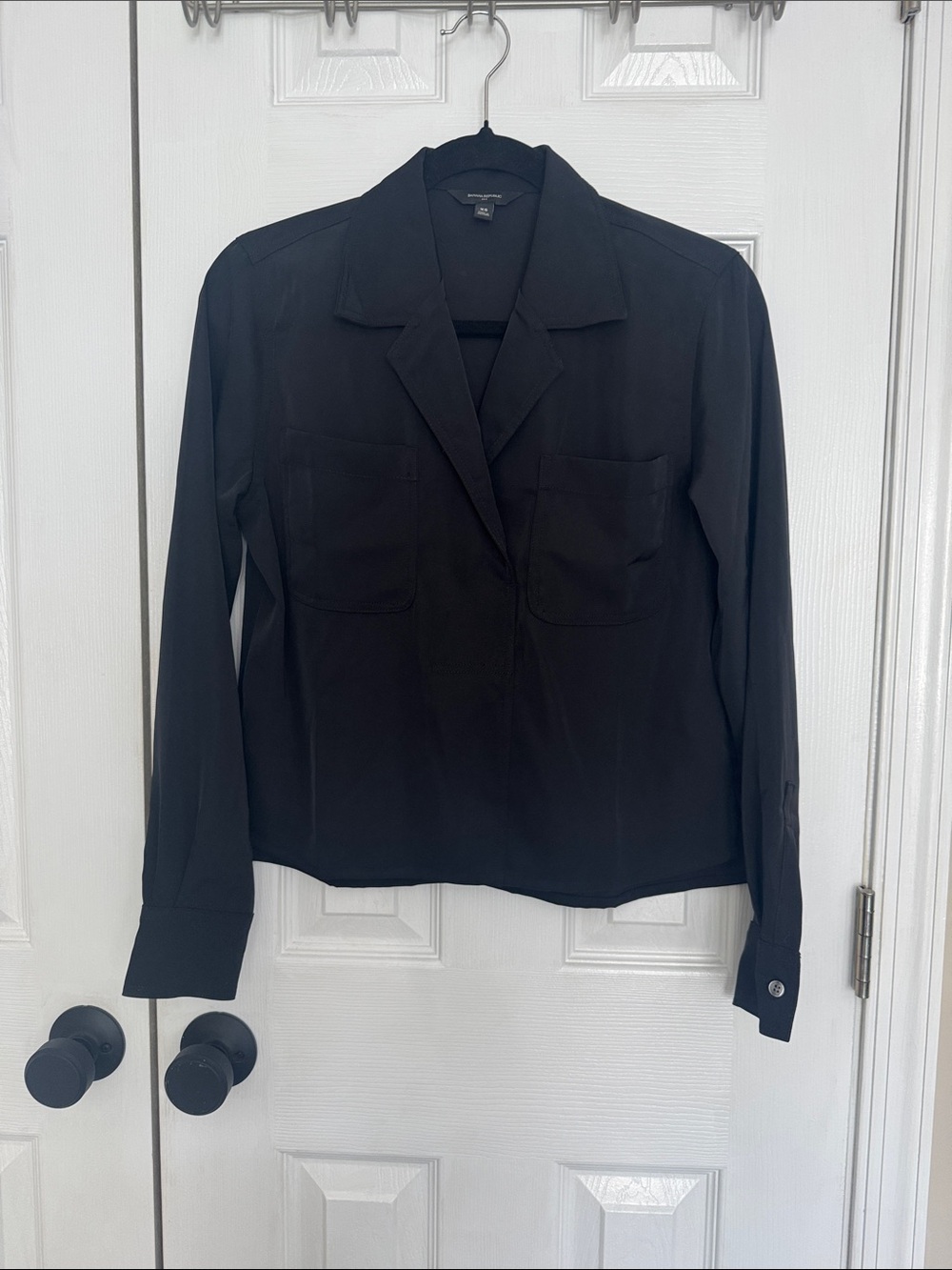 Banana Republic Black Women's V-neck Shirt with front pockets and Long Sleeves